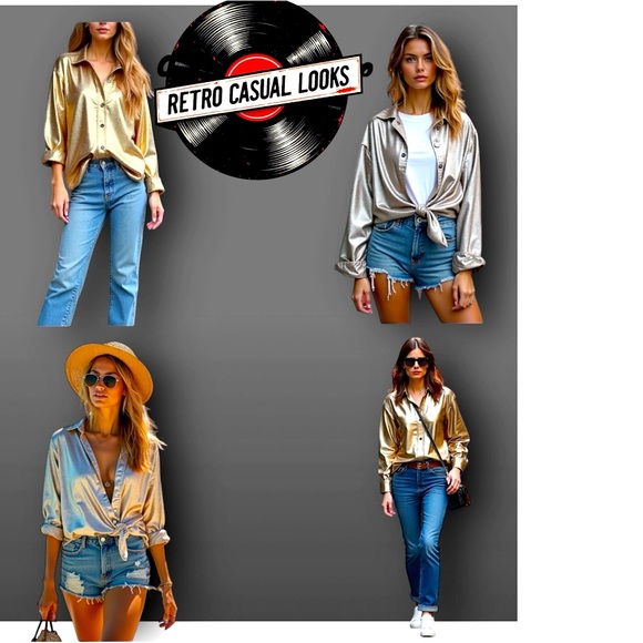 RETRO VINTAGE CONTEMPO CASUALS GOLD METALLIC LONG-SLEEVE OVERSIZED BUTTONED N sz - Picture 10 of 12